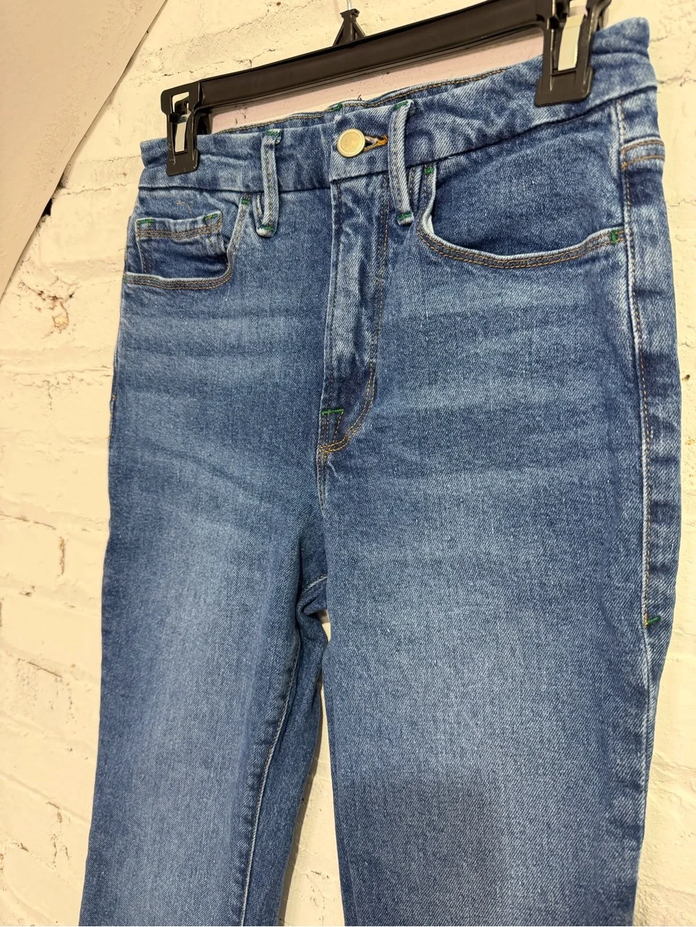Good American Good Legs Flare Jeans Dark Wash Raw Hem Recycled Cotton Size 6/28